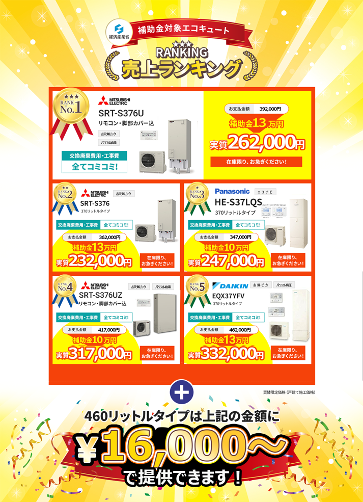 補助金対象エコキュート売上ランキング